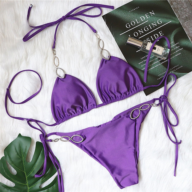 Sexy Metal Accessories Rhinestone Split Swimsuit Set
