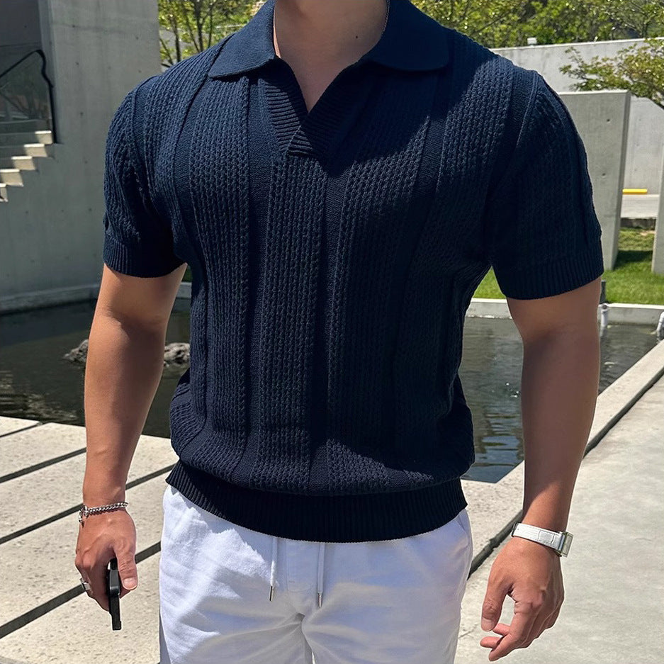Hollowed-Out Ice Silk Polo Shirt With Lapel Collar