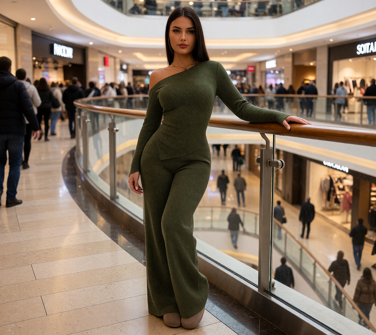 Dropped-shoulder Knit Set Womens Long-sleeve Top And Wide-leg Pants