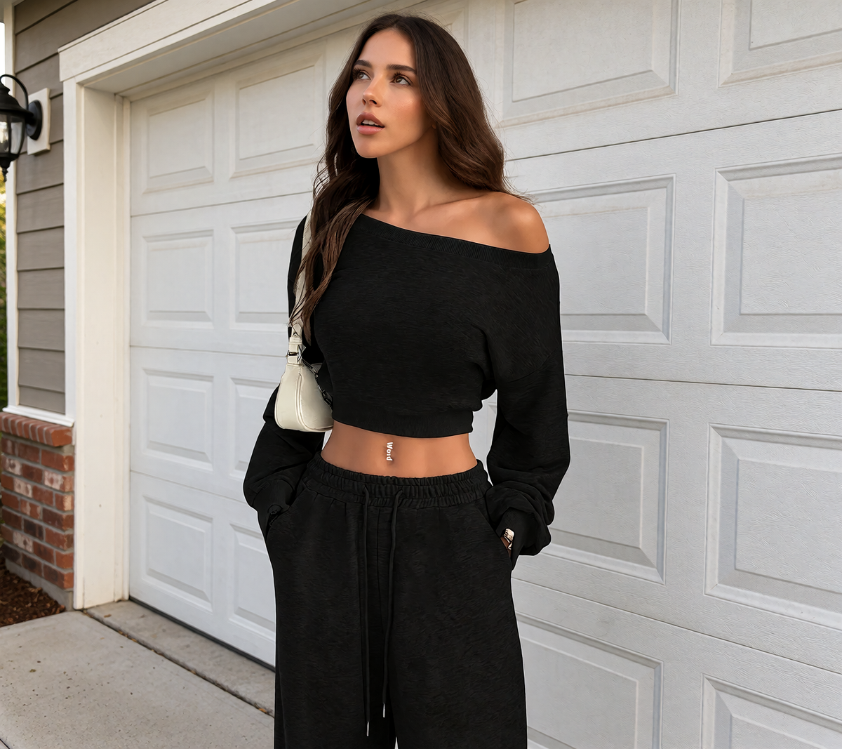 Casual 2-piece Set One-shoulder Long-sleeved Sweatshirt Women's Suit Autumn New Fashion Elastic Waist Tie Loose Sports Trousers