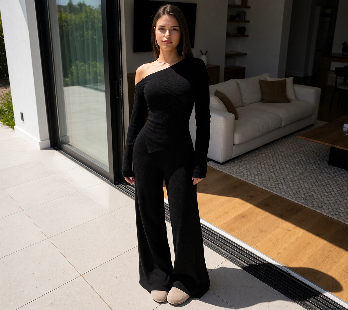 Dropped-shoulder Knit Set Womens Long-sleeve Top And Wide-leg Pants