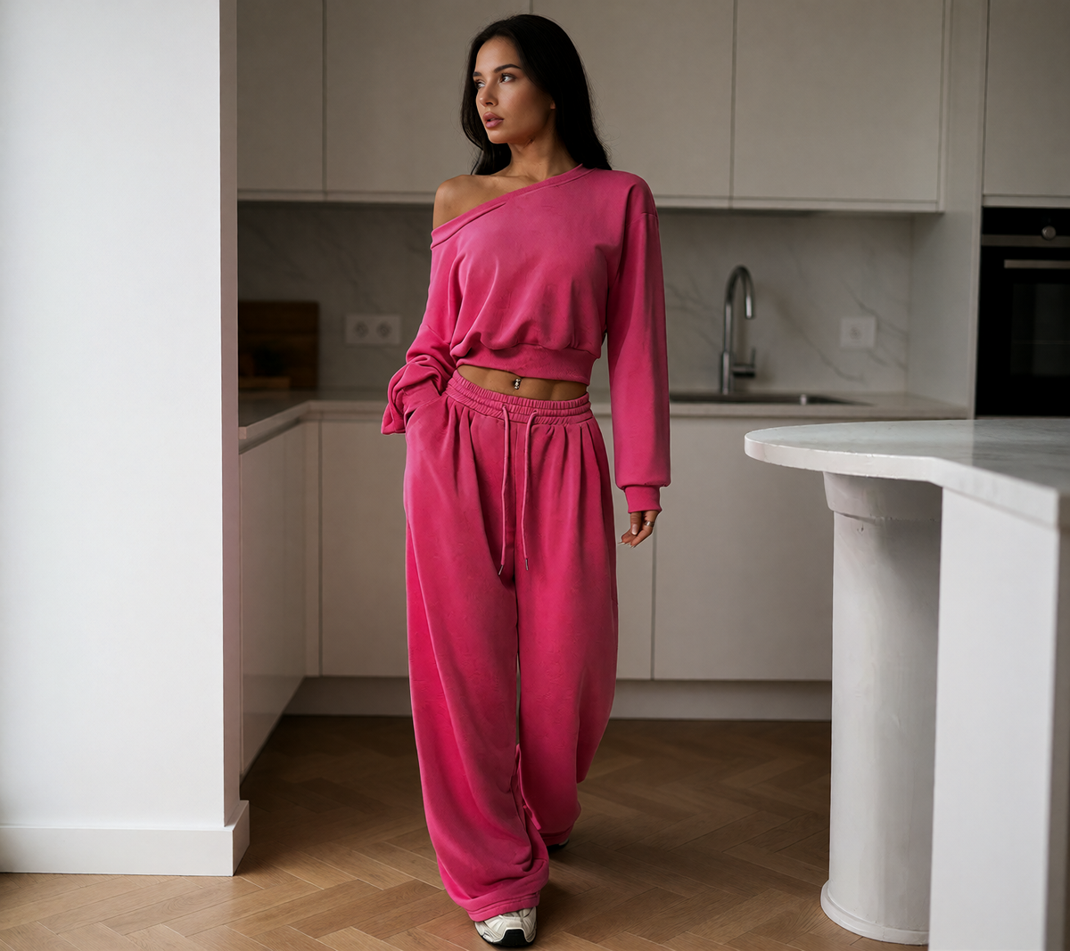 Casual 2-piece Set One-shoulder Long-sleeved Sweatshirt Women's Suit Autumn New Fashion Elastic Waist Tie Loose Sports Trousers