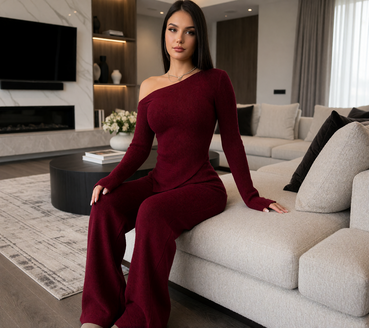 Dropped-shoulder Knit Set Womens Long-sleeve Top And Wide-leg Pants