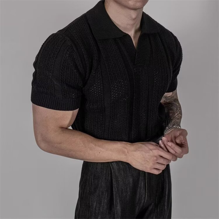 Hollowed-Out Ice Silk Polo Shirt With Lapel Collar