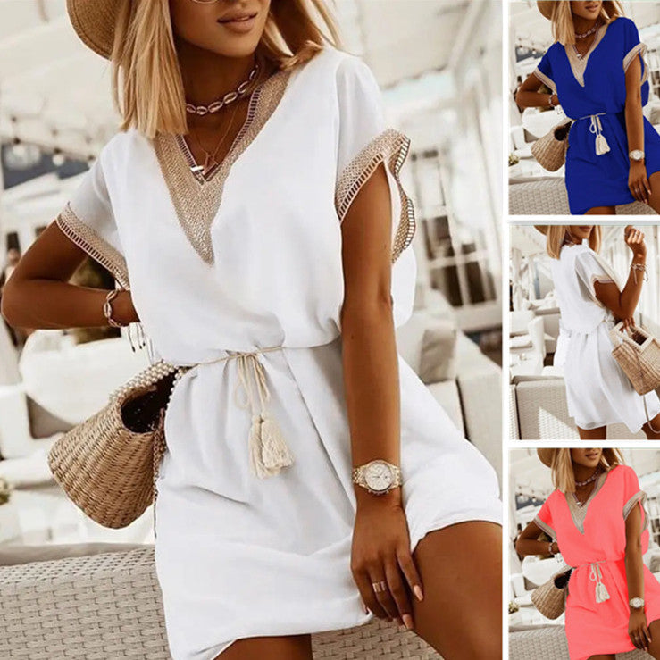 Lace V-Neck Doll Sleeve Casual Dress