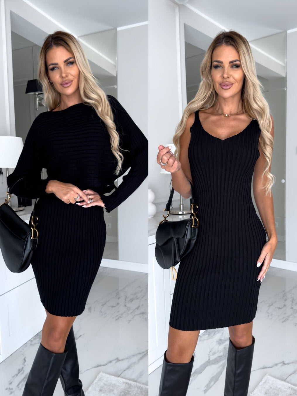 2pcs Long-sleeved Top And Tight Suspender Skirt