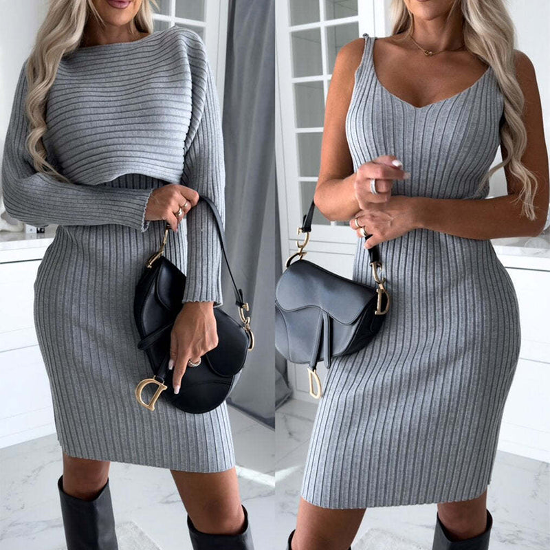 2pcs Long-sleeved Top And Tight Suspender Skirt