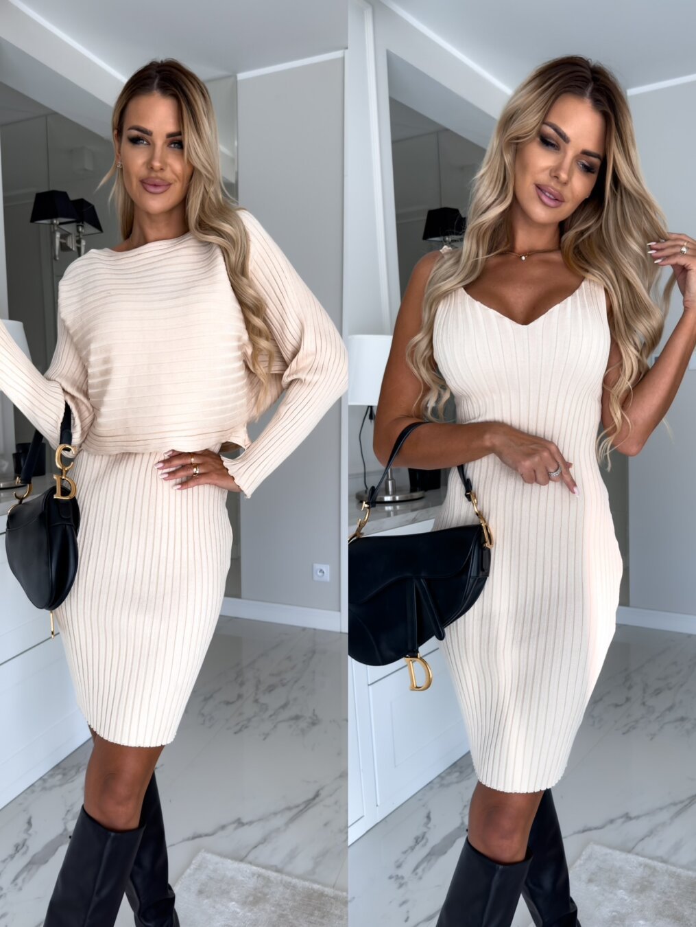 2pcs Long-sleeved Top And Tight Suspender Skirt