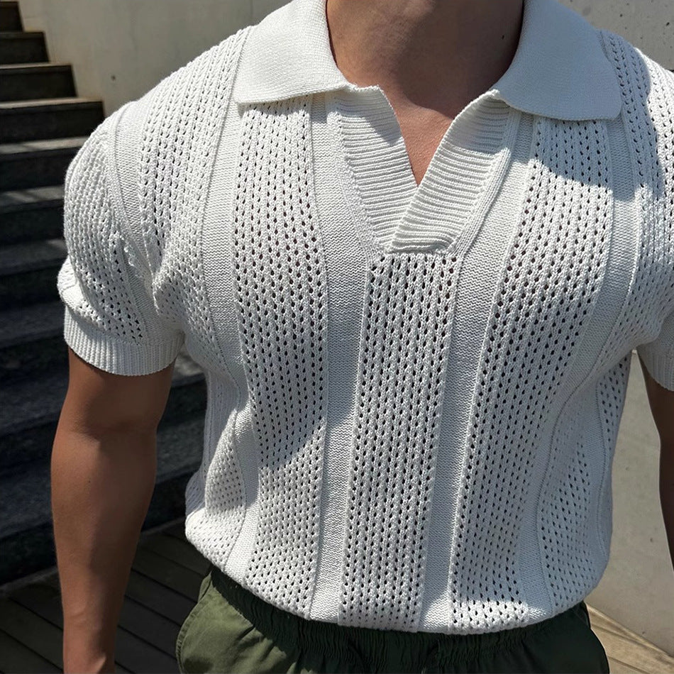 Hollowed-Out Ice Silk Polo Shirt With Lapel Collar