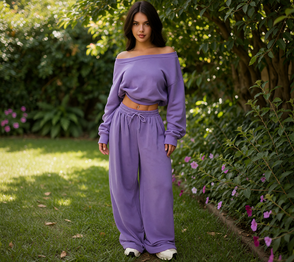 Casual 2-piece Set One-shoulder Long-sleeved Sweatshirt Women's Suit Autumn New Fashion Elastic Waist Tie Loose Sports Trousers